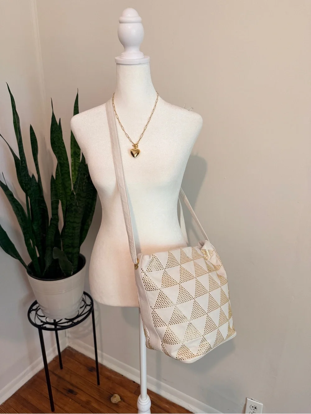 Sharif | Vintage White Crossbody with Gold Triangle Studs